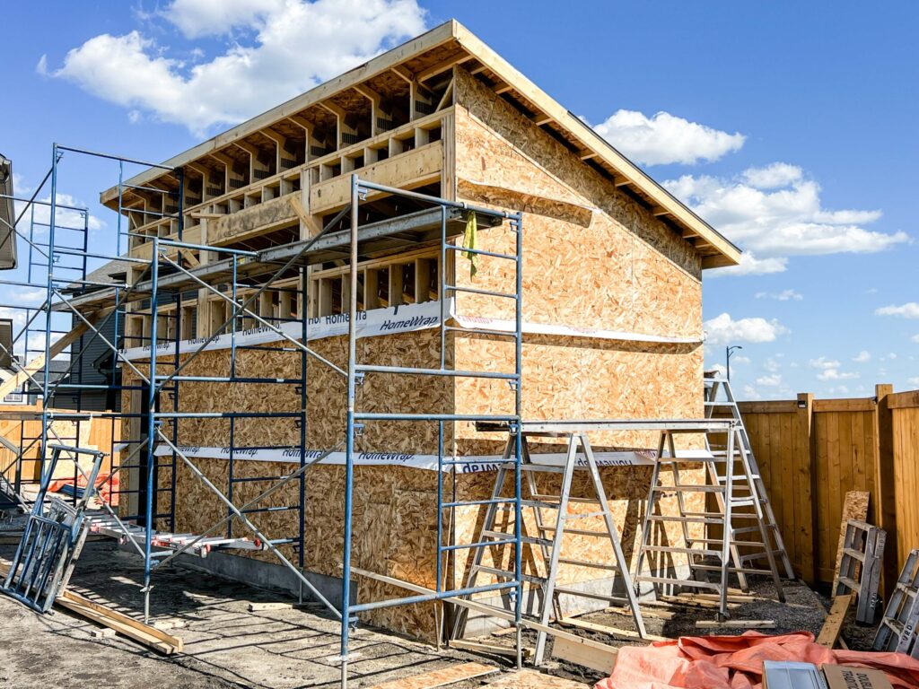 Custom oversized detached backyard shed during framing and wall sheathing in the Greater Edmonton area by Alberta Builder Services Ltd.
