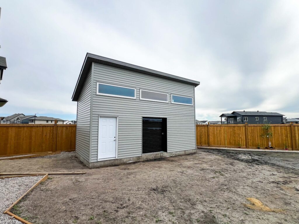 Custom large detached backyard shed with modern shed roof completed in the Greater Edmonton area by Alberta Builder Services Ltd.